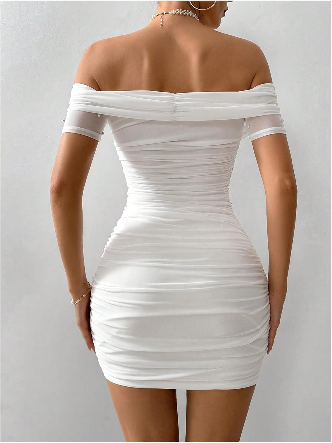 women Pearl Beaded Off Shoulder Short Dress Short Sleeve Bodycon Party Dresses - Image 2
