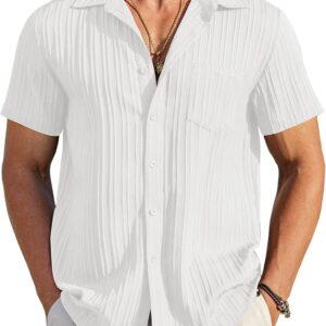 men Casual Button Down Shirts Short Sve Textured Summer Beach Shirt with Pocket