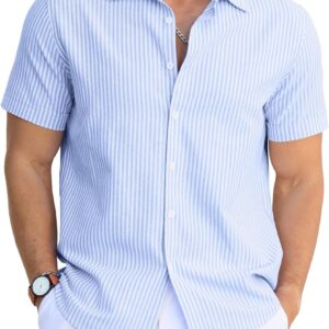 men Casual Button Down Shirts Short Sve Striped Cotton Beach Summer Vacation Shirt