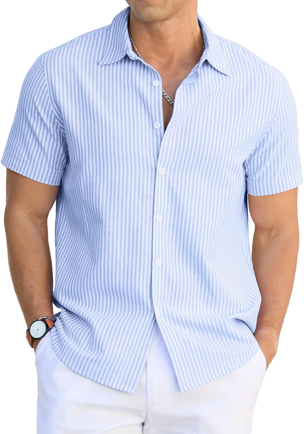 men Casual Button Down Shirts Short Sve Striped Cotton Beach Summer Vacation Shirt