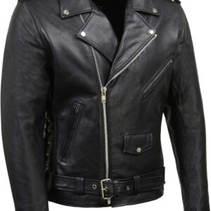 Men's Classic  Premium Leather Black Motorcycle Riders Leather Jacket w/Side Laces
