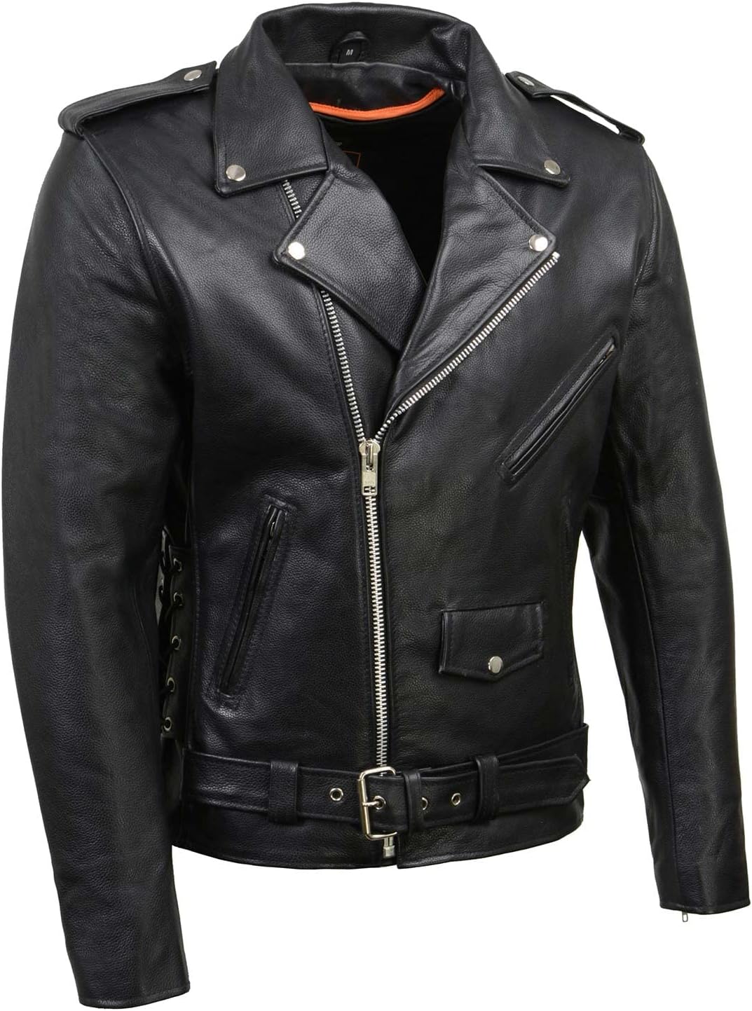 Men's Classic Premium Leather Black Motorcycle Riders Leather Jacket w/Side Laces