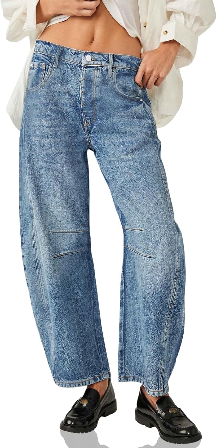 Women Baggy Boyfriend Jeans Vintage Wide Leg Mid Rise Barrel Denim Ankle Pants