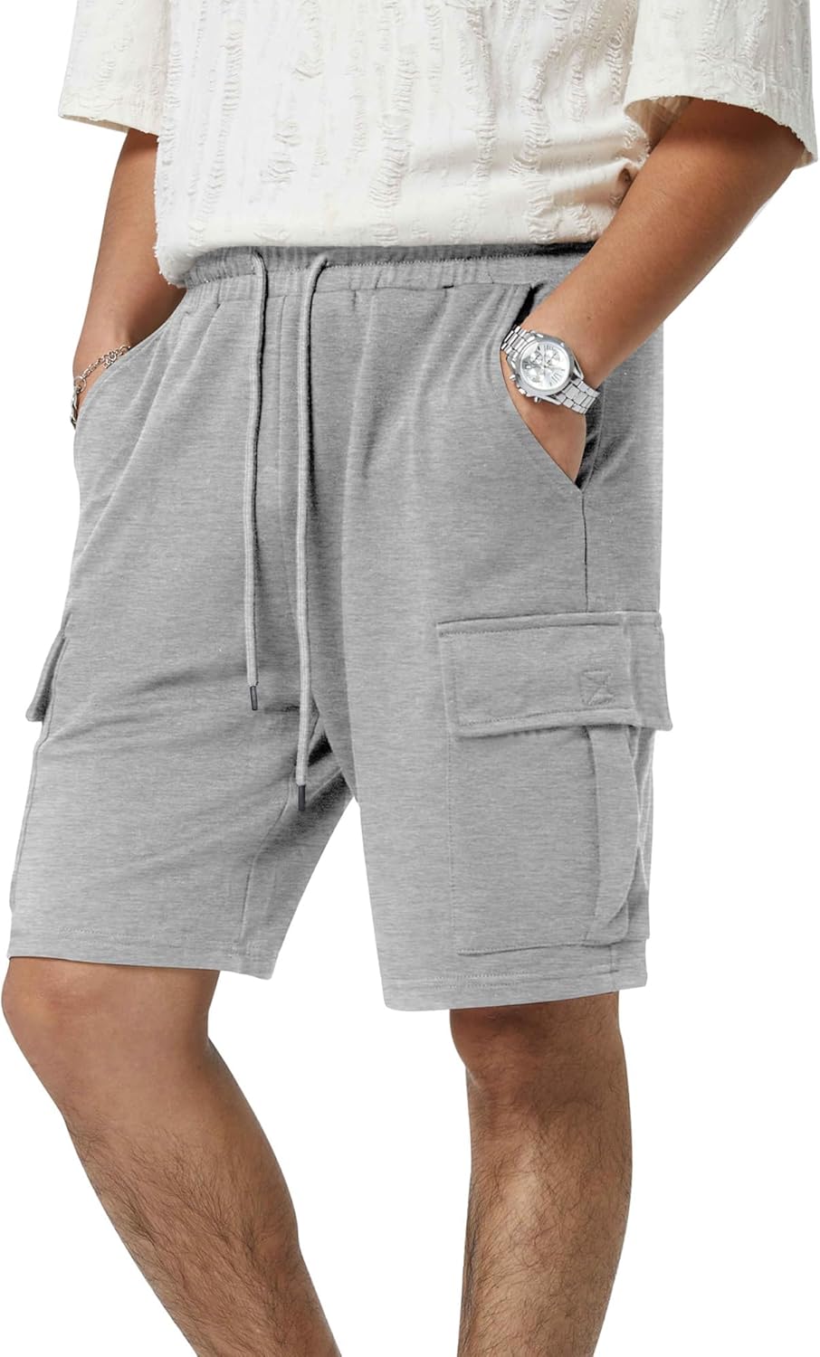 men Casual Sweat Cargo Cotton Shorts Drawstring Elastic Waist Athletic Workout Gym Jogger Shorts with 5 Pockets