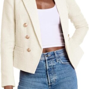 Women Cropped Tweed Blazer Jackets Lapel Open Front Long Sve Business Suit Jackets with Pocket