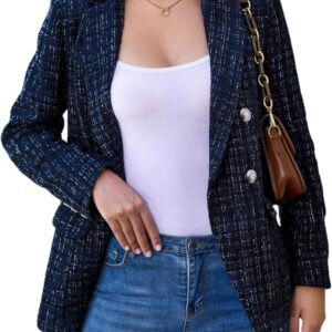 Womens Tweed Blazers Casual Jackets Long Sve Oversized Open Front Plaid Blazer Jackets Work Suits with Pockets