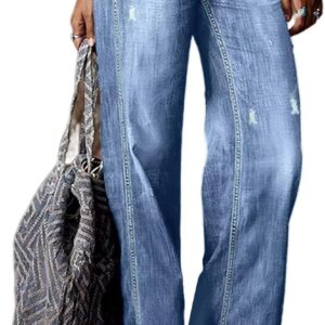 Straight Leg Jeans for Women Ripped Raw Hem Mid Waisted Bootcut Jeans Without Belts