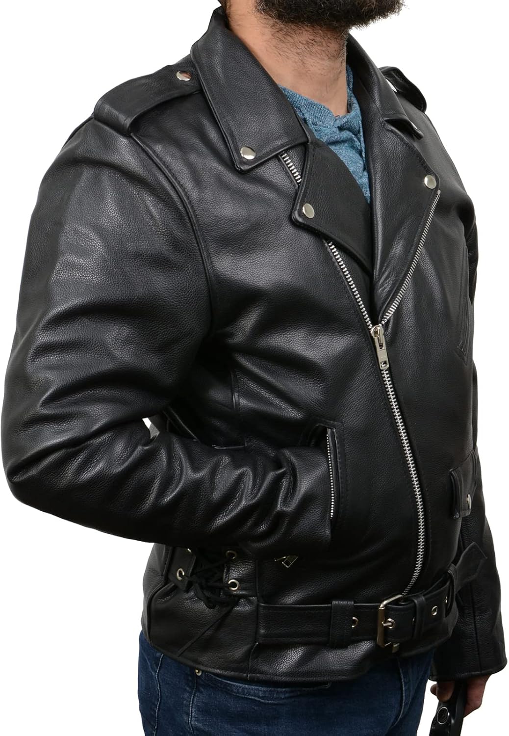 Men's Classic Premium Leather Black Motorcycle Riders Leather Jacket w/Side Laces - Image 2