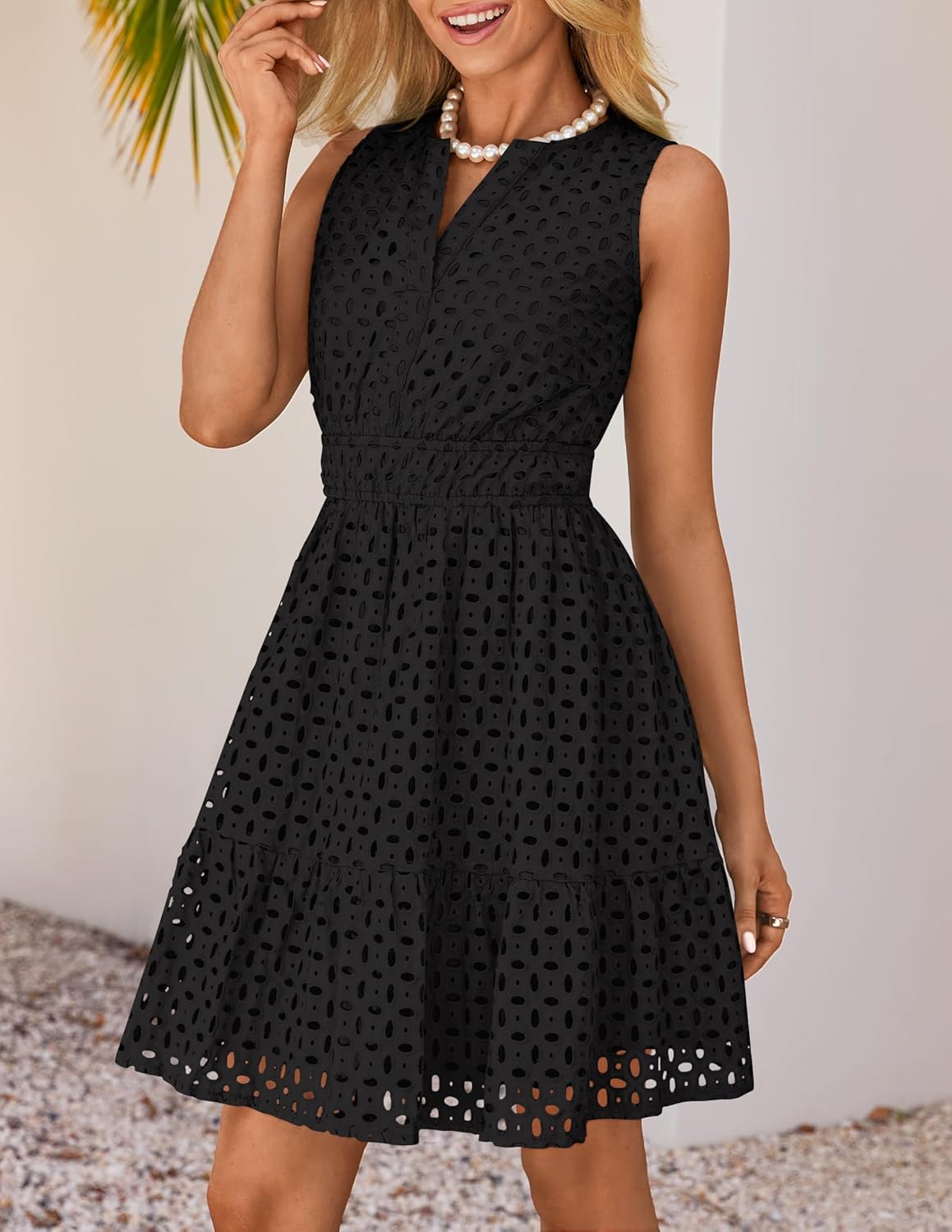 women Summer Sleeveless Mini Dress V Neck Hollow Out Eyelet High Waist A Line Swing Short Party Dresses - Image 2