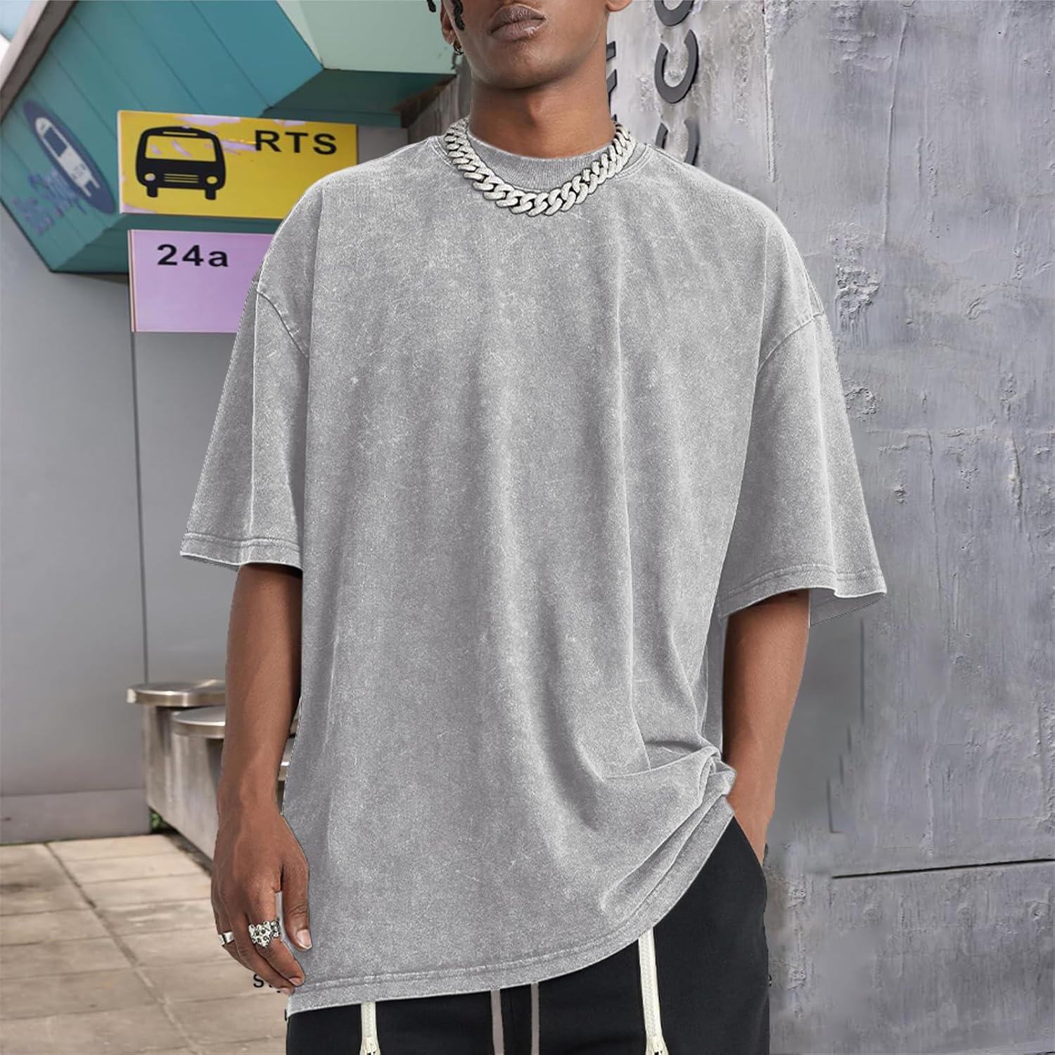 Oversized Vintage Acid Wash Tshirt for Men Cotton Solid T Shirt Streetwear Basic Tees Casual Baggy Loose Shirts Tops - Image 2