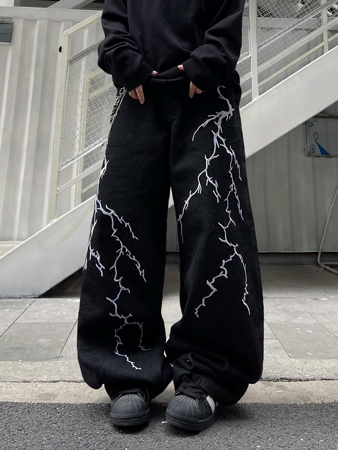 men Hip-hop Embroidered Baggy Jeans Loose Fit Denim Black Trousers