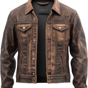 Men's American Fashion Vintage Western Style Distressed Real Lambskin Motorcycle Leather Trucker Jacket Men