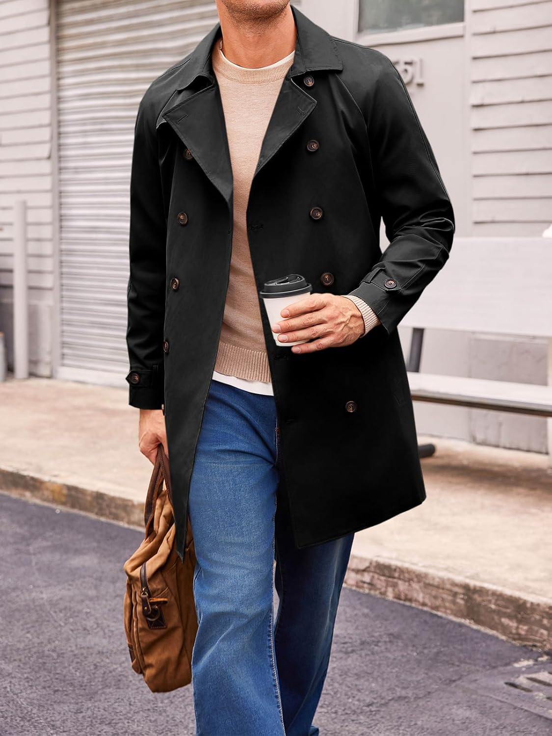 Mens Trench Coat Double Breasted Mid Long Jacket Casual Belted Overcoat Notched Lapel Windbreaker - Image 2