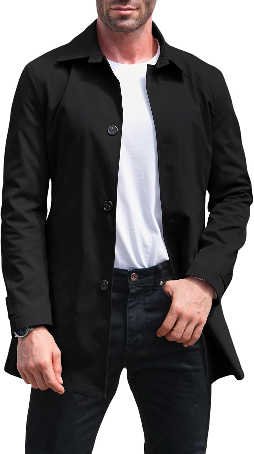Mens Trench Coat Single Breasted Casual Spread Collar Windbreak Jacket Long Classic Business Overcoat