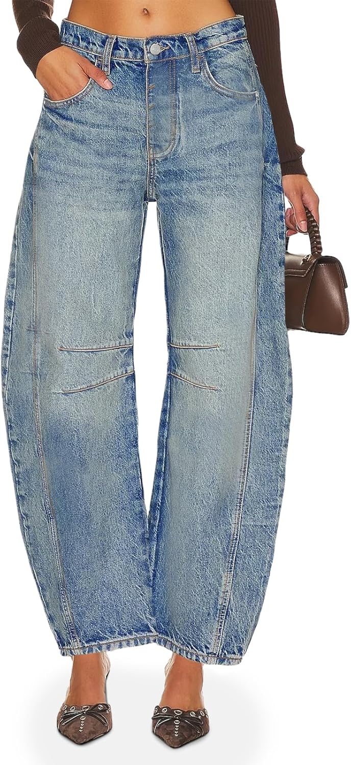 Women Baggy Boyfriend Jeans Vintage Wide Leg Mid Rise Barrel Denim Ankle Pants - Image 2