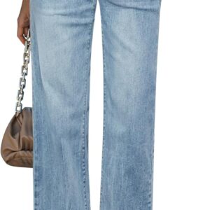 Straight Leg Jeans for Women High Waisted Stretchy Frayed Raw Hem Loose Denim Pants Casual Baggy Jean Trousers