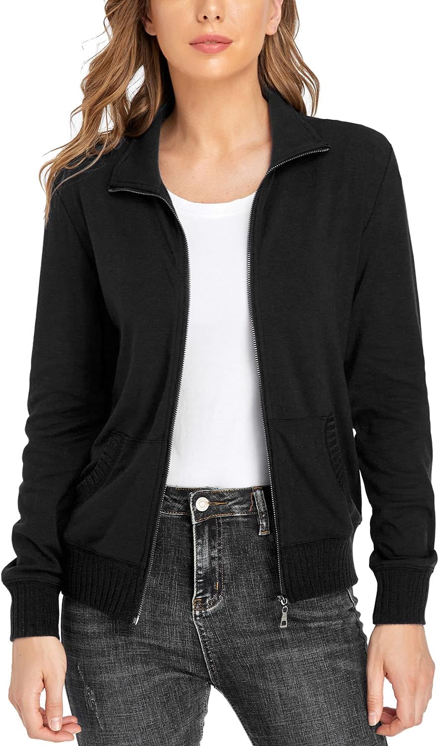 Women's Stand Collar Zip up Long Sve Jacket with Pockets Running Sweatshirts Jackets