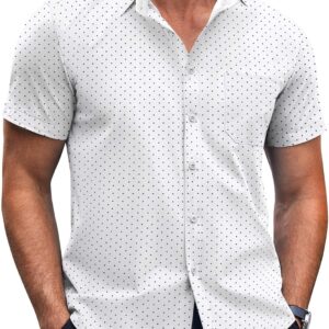men Short Sve Button Down Shirts Wrinkle Free Dress Shirts Casual Polka Dot Print Shirt with Pocket