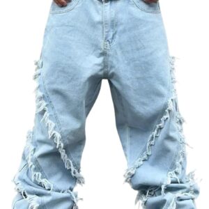 men Baggy Jeans Street Rock Style Fringe Frayed Edges Jeans Patchwork Wide Leg Skater Denim Pant