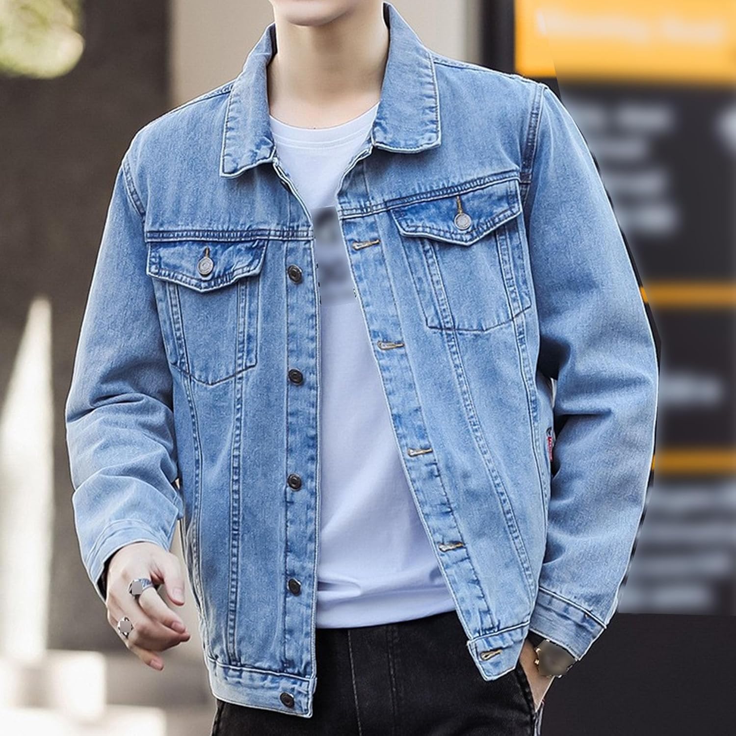 Mens Classic Lapel Jean Jacket Casual Slim Fit Trucker Cowboy Coat Pocket Casual Front Denim Men Jackets - Image 2