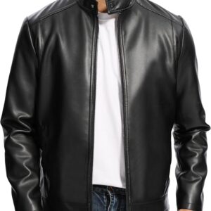 Leather Jacket Men Lightweight Motorcycle Jackets Men's Stand Collar Bomber Coat with Pockets and Zip