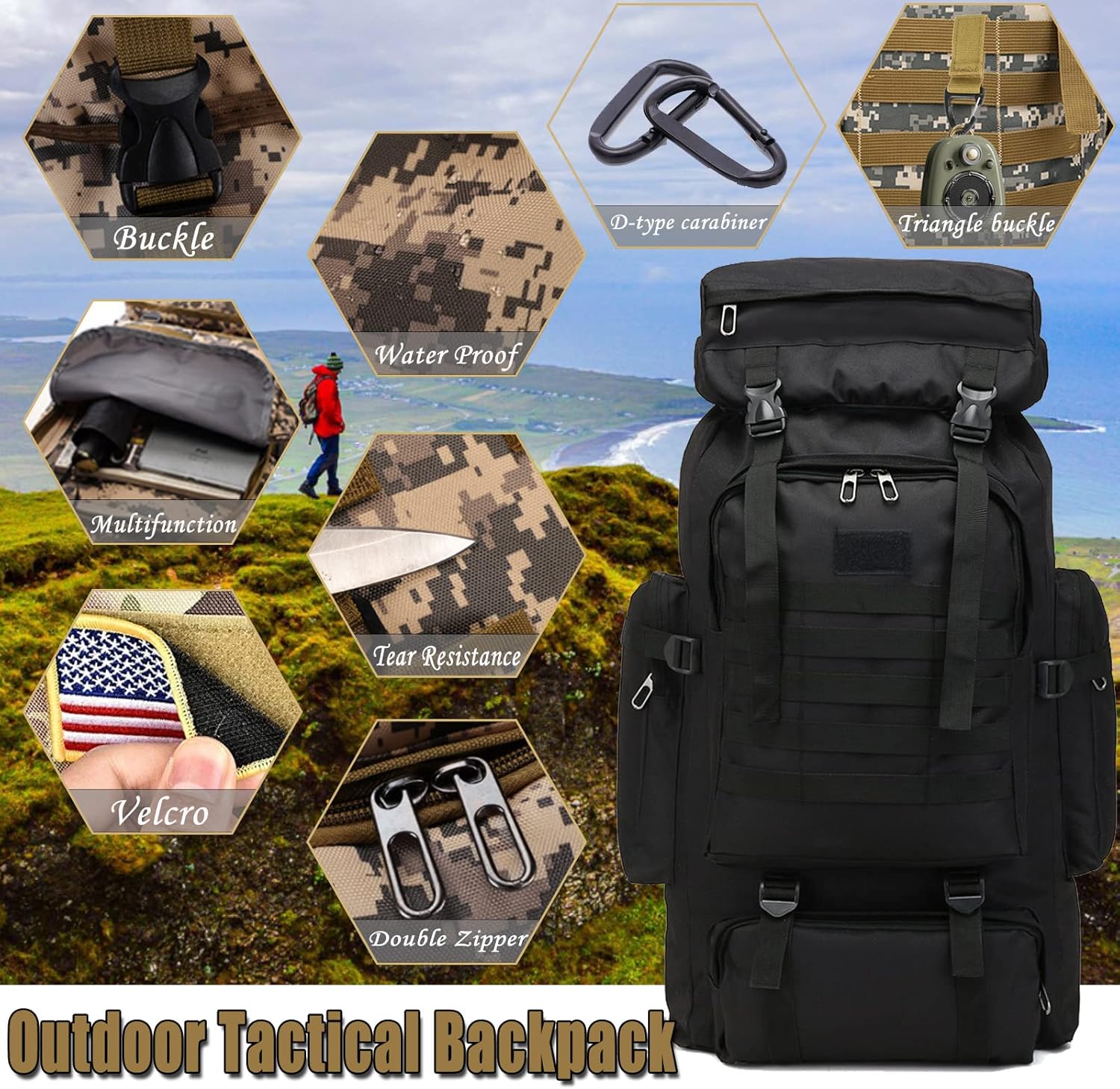 70L Hiking Backpack for Men, Waterproof Lightweight Camping Backpack, Military Rucksack with , 3-Day Assault Pack for Travel, Climbing, Outdoor Sports(Black) - Image 2