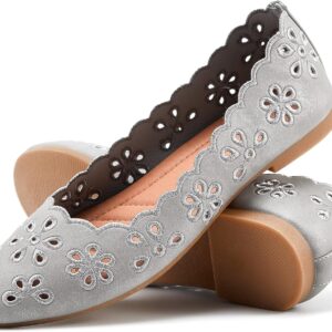 Women's Ballet Flats Black PU Leather Dress Shoes Comfortable Round Toe Slip on Flats with Breathable Eyelets