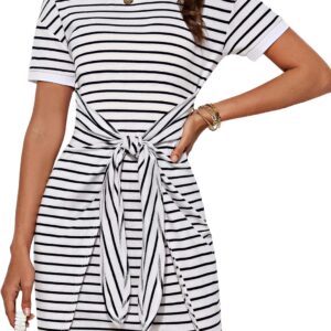 Striped Shirt Dresses for Women Front Tie Crewneck Wrap Dress Short Sleeve T-Shirt Casual Mini Bodycon Dress