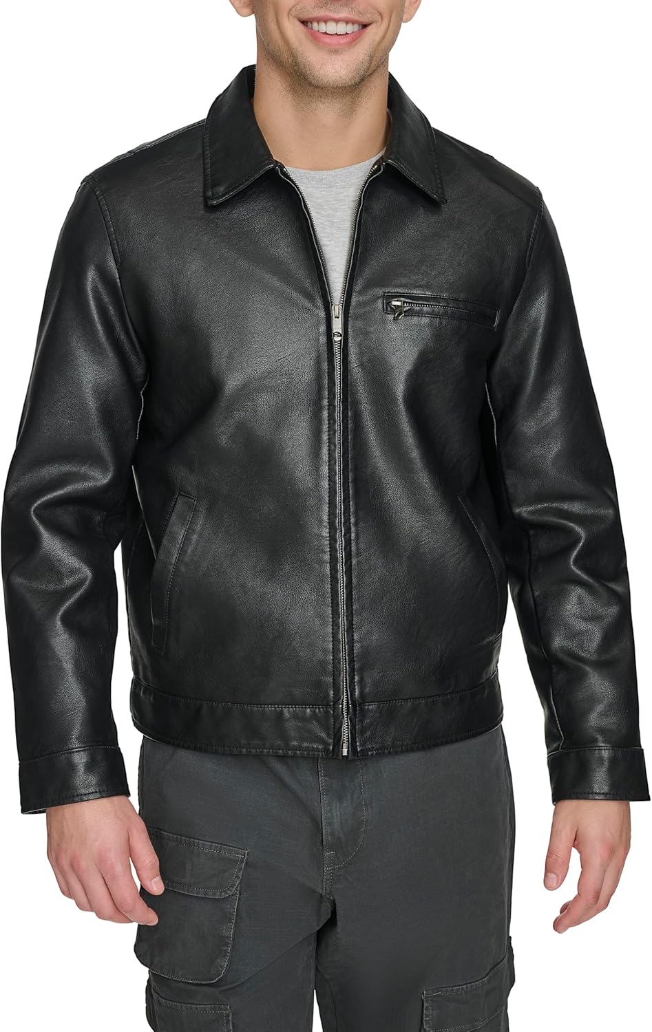 Men's Faux Leather Laydown Collar Racer Jacket