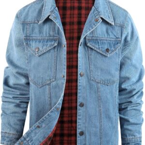 Mens Flannel Lined Denim Jacket Snap Cowboy Cut Western Classic Slim Fit Vintage Heavy Duty Jacket Trucker Coat
