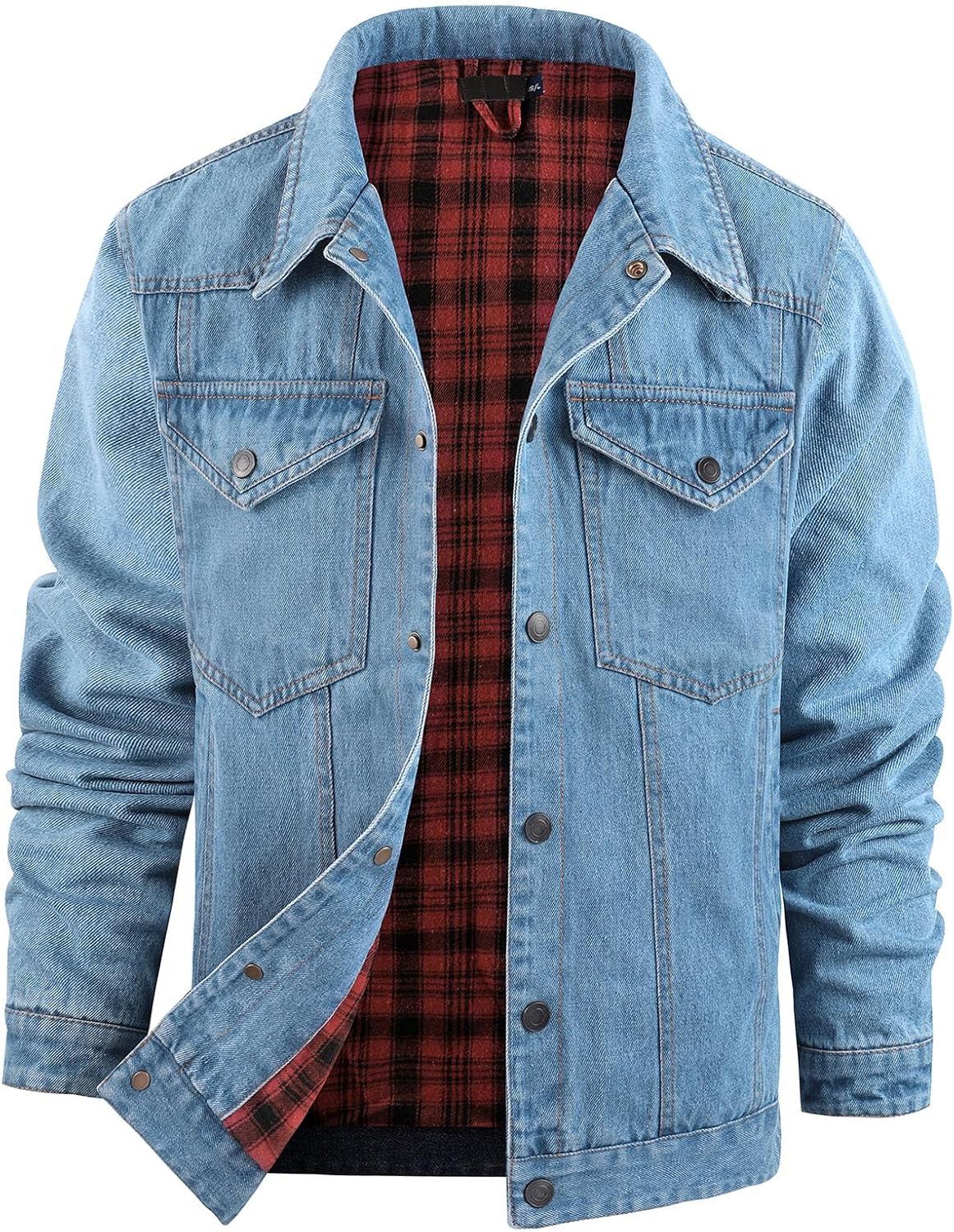 Mens Flannel Lined Denim Jacket Snap Cowboy Cut Western Classic Slim Fit Vintage Heavy Duty Jacket Trucker Coat