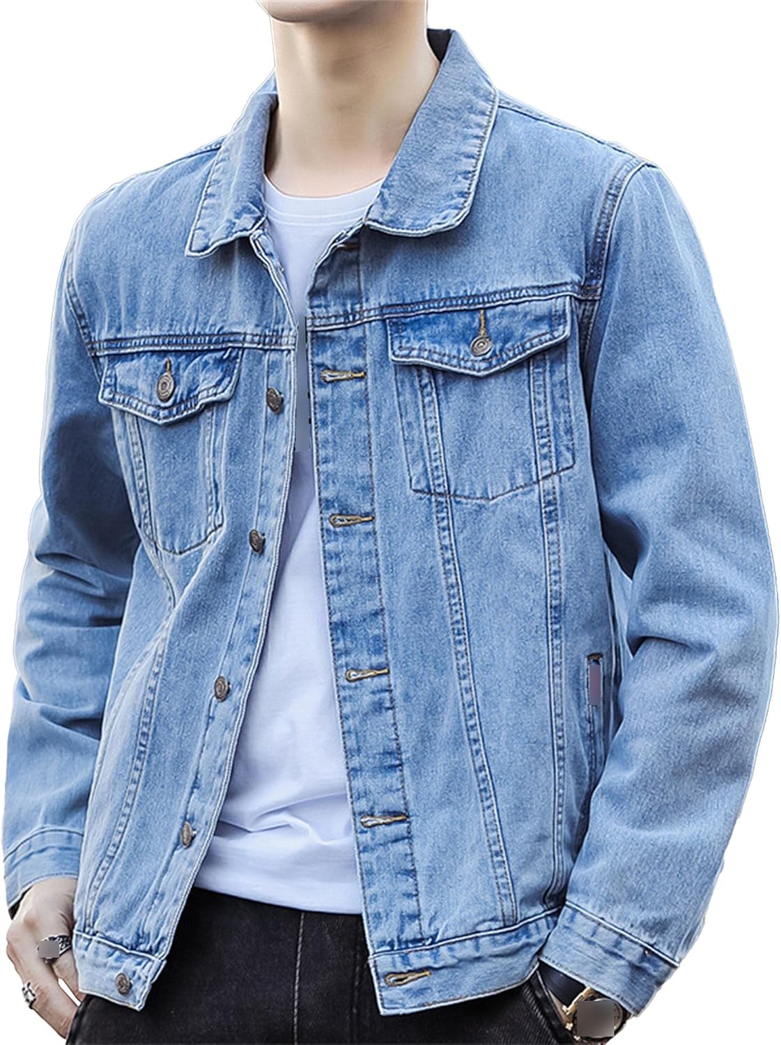 Mens Classic Lapel Jean Jacket Casual Slim Fit Trucker Cowboy Coat Pocket Casual Front Denim Men Jackets