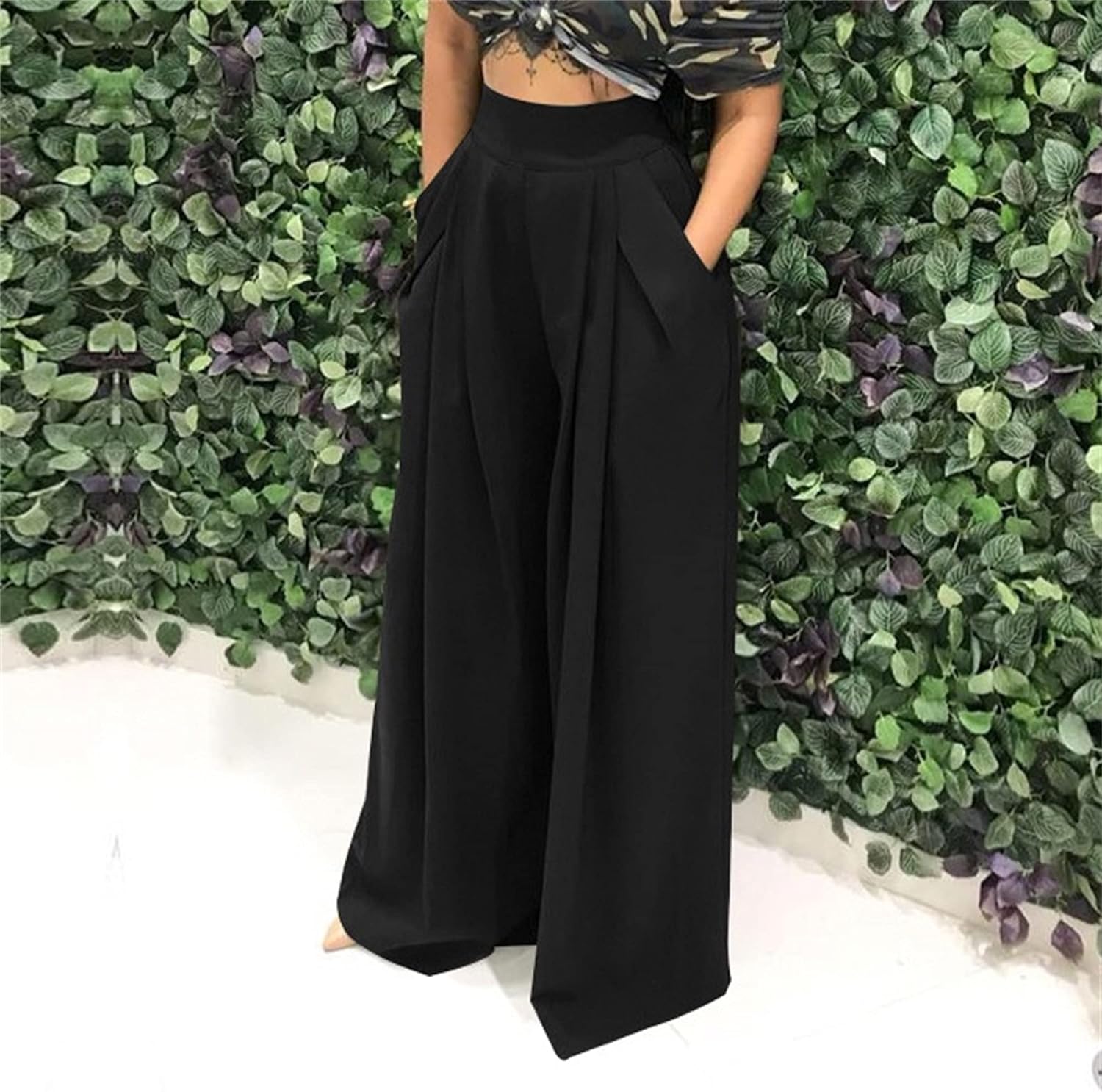 Pants for Women High Waisted Wide Leg Stretchy Loose Fit Casual Trousers with Pocket - Image 2