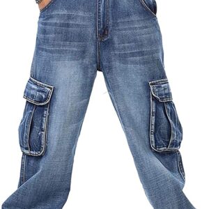 men Casual Loose Hip Hop Denim Work Pants Jeans with Cargo Pockets
