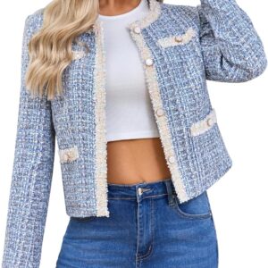 Women's Tweed Blazers Cropped Long Sve Crewneck Open Front Lace Trim Lightweight Plaid Work Blazer Jackets