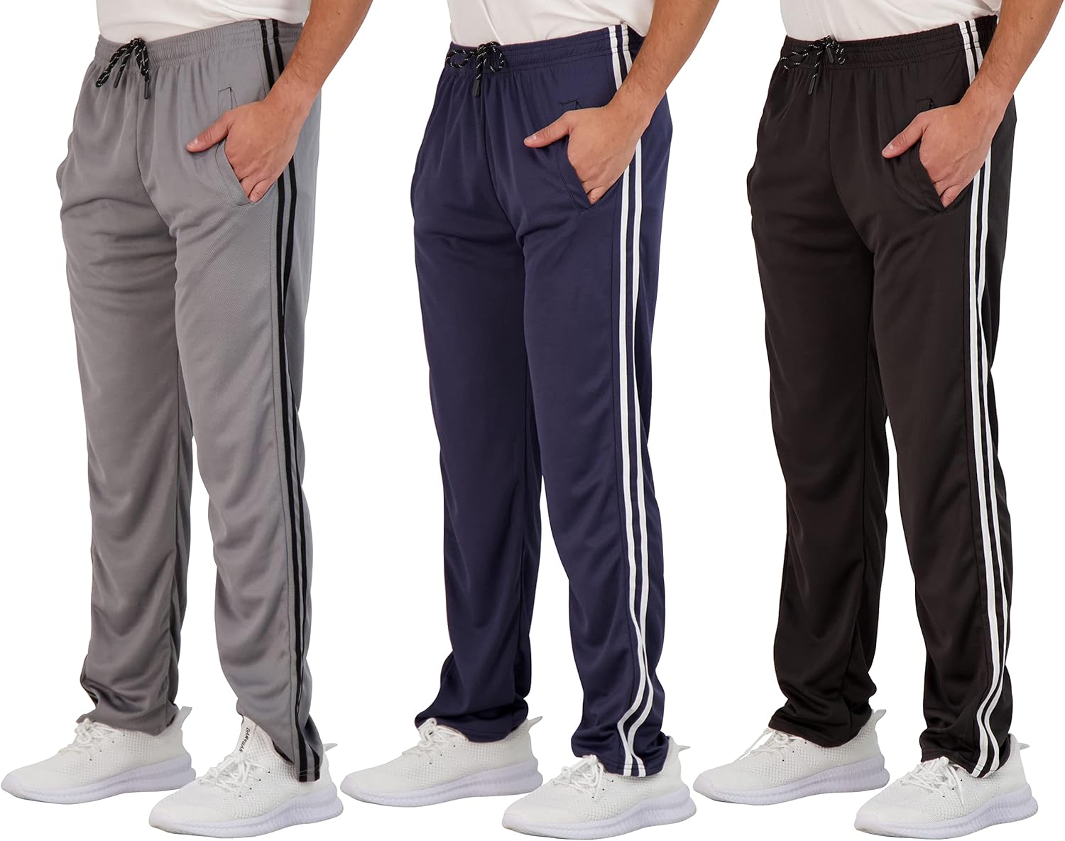 3 Pack: Men's Mesh Athletic Gym Workout Lounge Open Bottom Sweatpants with Pockets (Available in Big & Tall)