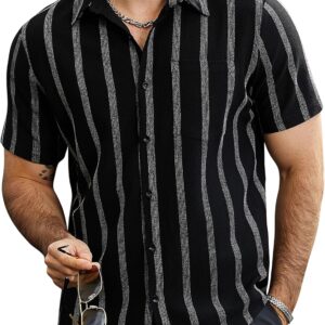 men Summer Striped Shirts Button Down Short Sve Vintage Beach Hawaiian Shirts with Pocket