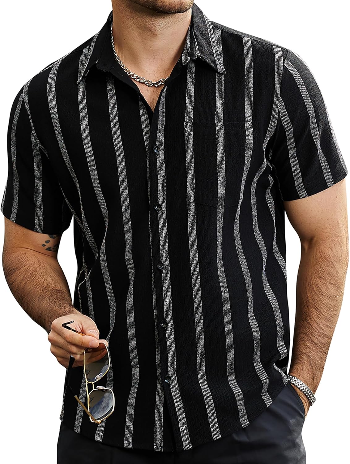men Summer Striped Shirts Button Down Short Sve Vintage Beach Hawaiian Shirts with Pocket