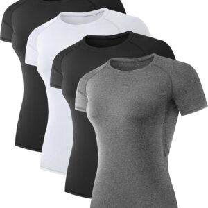 4 Pack Women's Compression Shirt Running Athletic T-Shirts Workout Tops Baselayer Short Sleeve Yoga Gym Sports Gear