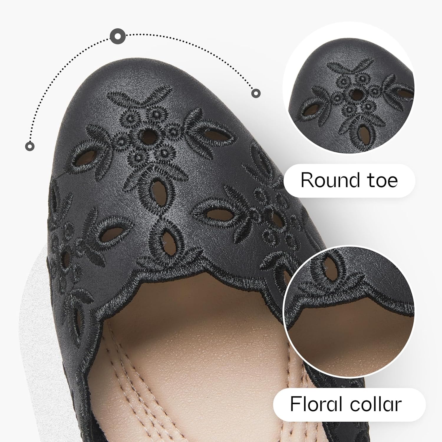 Women's Comfortable Dress Shoes Ballet Flats Slip On Shoes Black Flats Round Toe PU Leather Flats Summer with Floral Eyelets - Image 2