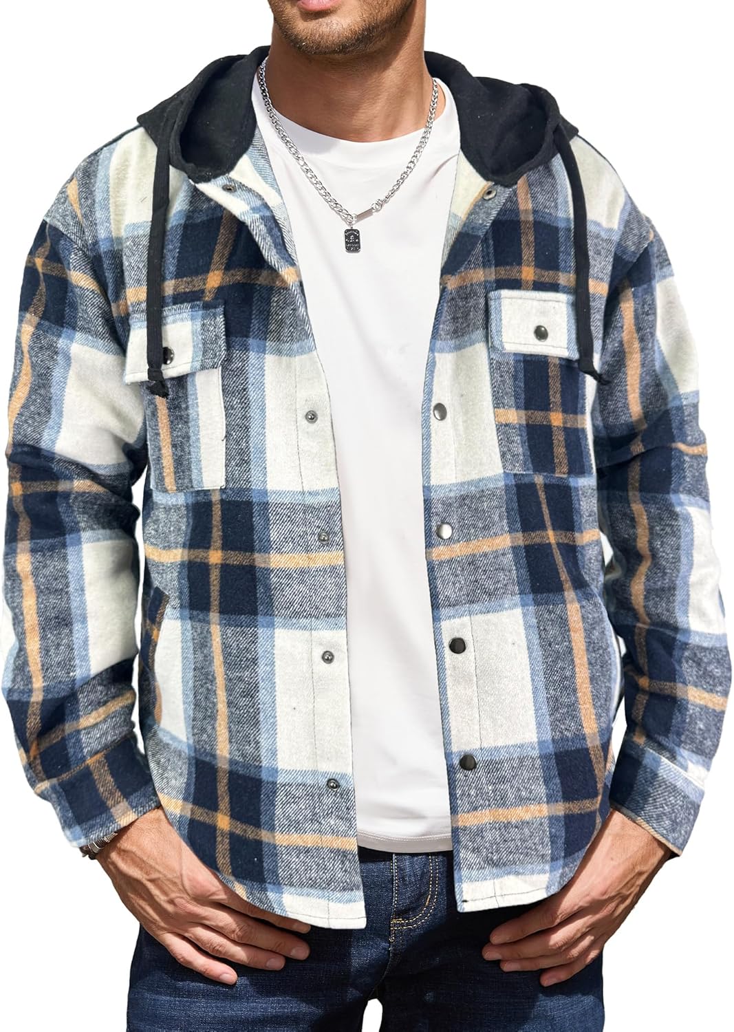 Mens Hoodies Plaid Shirt Long Sleeve Flannel Shirts for Men Casual Button Down Jackets With Pockets