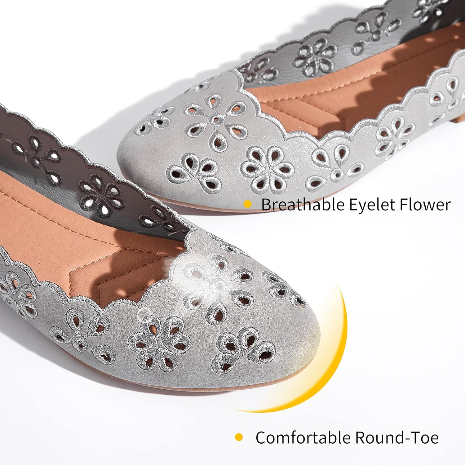 Women's Ballet Flats Black PU Leather Dress Shoes Comfortable Round Toe Slip on Flats with Breathable Eyelets - Image 2