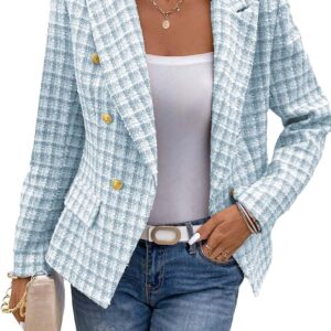 2025 Women's Spring Tweed Blazer Plaid Fashion Slim Fully-Lined Double-Breasted Casual Work Jacket with Pockets
