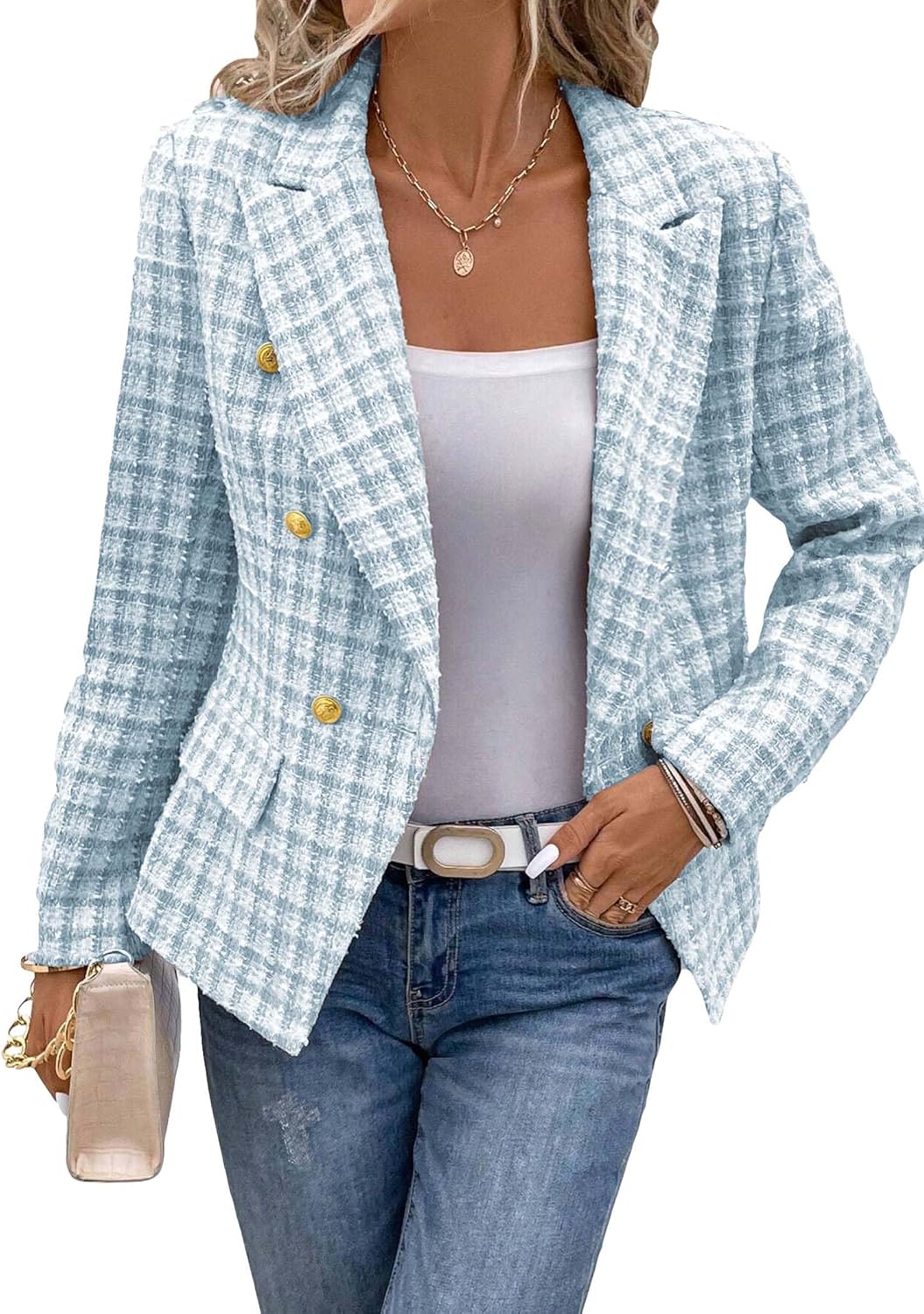 2025 Women's Spring Tweed Blazer Plaid Fashion Slim Fully-Lined Double-Breasted Casual Work Jacket with Pockets