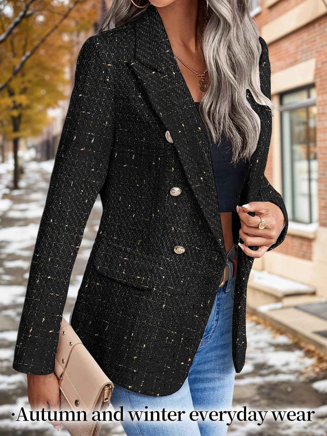 2025 Fall Winter Women's Tweed Blazer Jacket-Plaid Fully Lined Fashion Business Casual Lapel Elegant Coat Pockets - Image 2
