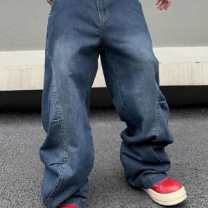 men Irregular Sutures Y2k Hip Hop Baggy Jeans Wide Leg Denim Pants Casual Loose Fit Trousers Streetwear