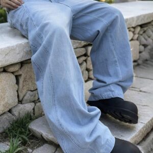 men Irregular Sutures Baggy Jeans with Angled Pocket Y2k Hip Hop Wide Leg Denim Pants