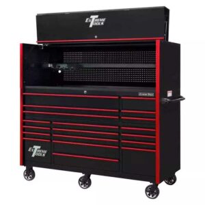 EXTREME TOOLS RX SERIES 55" 12-DRAWER ROLLER WITH HUTCH - BLACK W/RED DRAWER PULLS