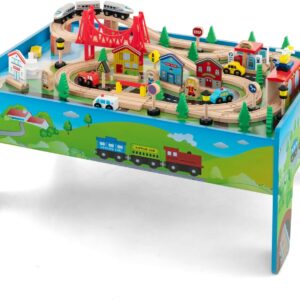 The dual-function wooden children's activity table with storage function, featuring 100 colorful components, tracks, trains, and cars, is a children's train table set suitable for children aged 3 and above. It has a flip-up tabletop and is a gift for