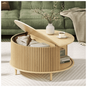 JOINICE Round Coffee Table with Storage and Sliding Door,Mid Century Modern Wooden Center Table,for Living Room,Walnut